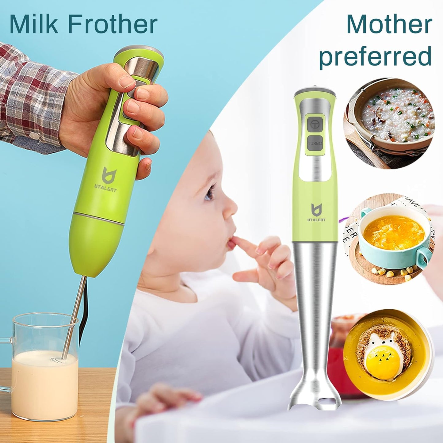 3-in-1 Immersion Hand Blender - Puree Food, Smoothies and Soups | 8-speed handheld blender, Pure Copper Winding Motor, 5.2 feet power cord, 4-point Ice crush SS blade, Egg whisk, Milk frother