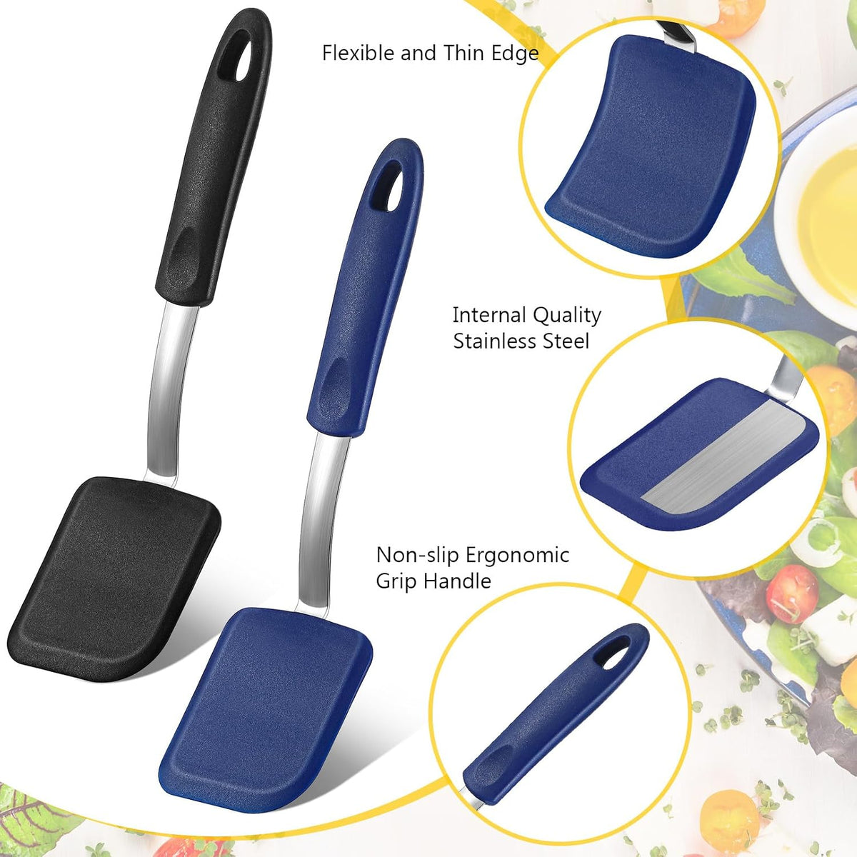 2Pcs Mini Silicone Cookie Brownie Spatula, Solid Flat, Gray, Blue