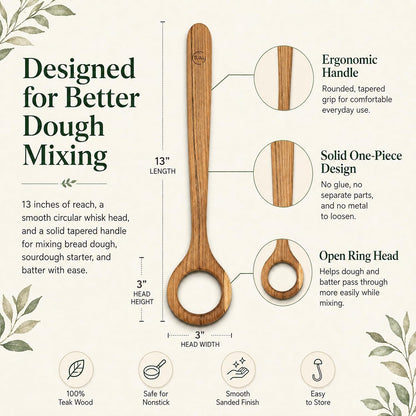 13" Dough Whisk, 100% Healthy Teak Kitchen Utensils for Bread Mixing, Sourdough, Batter Preparation, Baking, and Cooking Tools