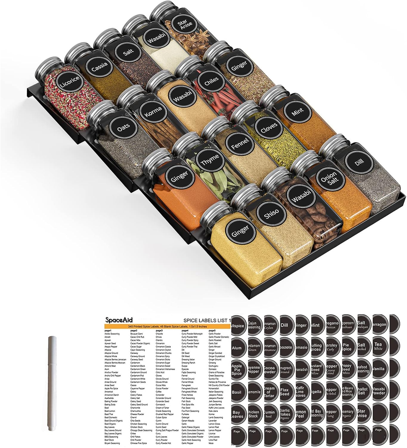 Spice Drawer Organizer with 28 Spice Jars, 386 Spice Labels, 4 Tier Seasoning Rack Tray Insert for Kitchen Drawers, 13" Wide x 17.5" Deep