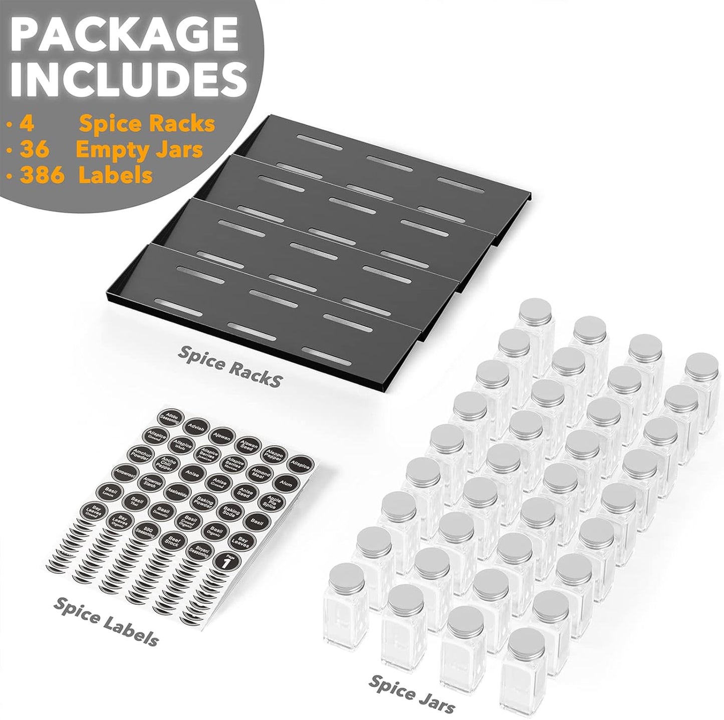 Spice Drawer Organizer with 28 Spice Jars, 386 Spice Labels, 4 Tier Seasoning Rack Tray Insert for Kitchen Drawers, 13" Wide x 17.5" Deep