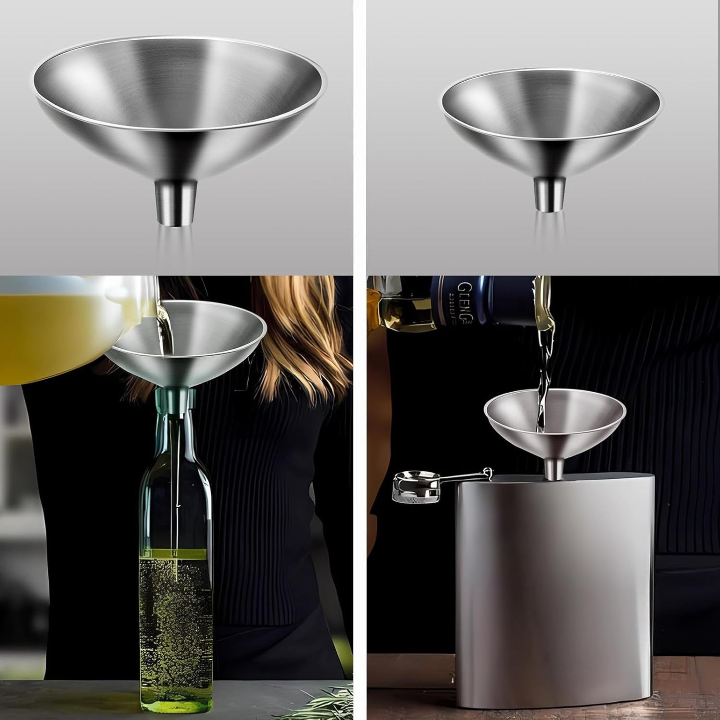 2-Piece Stainless Steel Kitchen Funnel Set with 1-Inch and 0.5-Inch Ports for Transferring and Filling Liquids, Coffee Beans, Spice Blends, and Powders Easy to Clean!