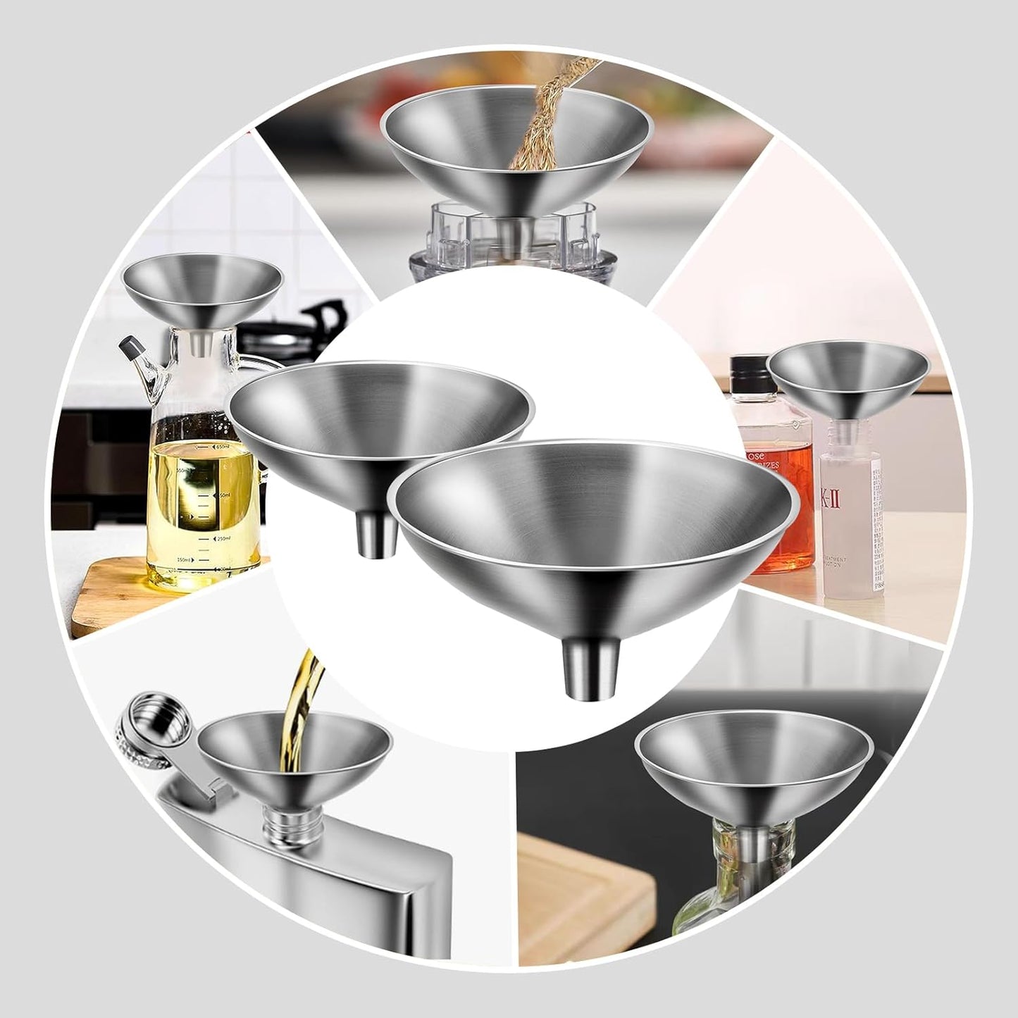 2-Piece Stainless Steel Kitchen Funnel Set with 1-Inch and 0.5-Inch Ports for Transferring and Filling Liquids, Coffee Beans, Spice Blends, and Powders Easy to Clean!
