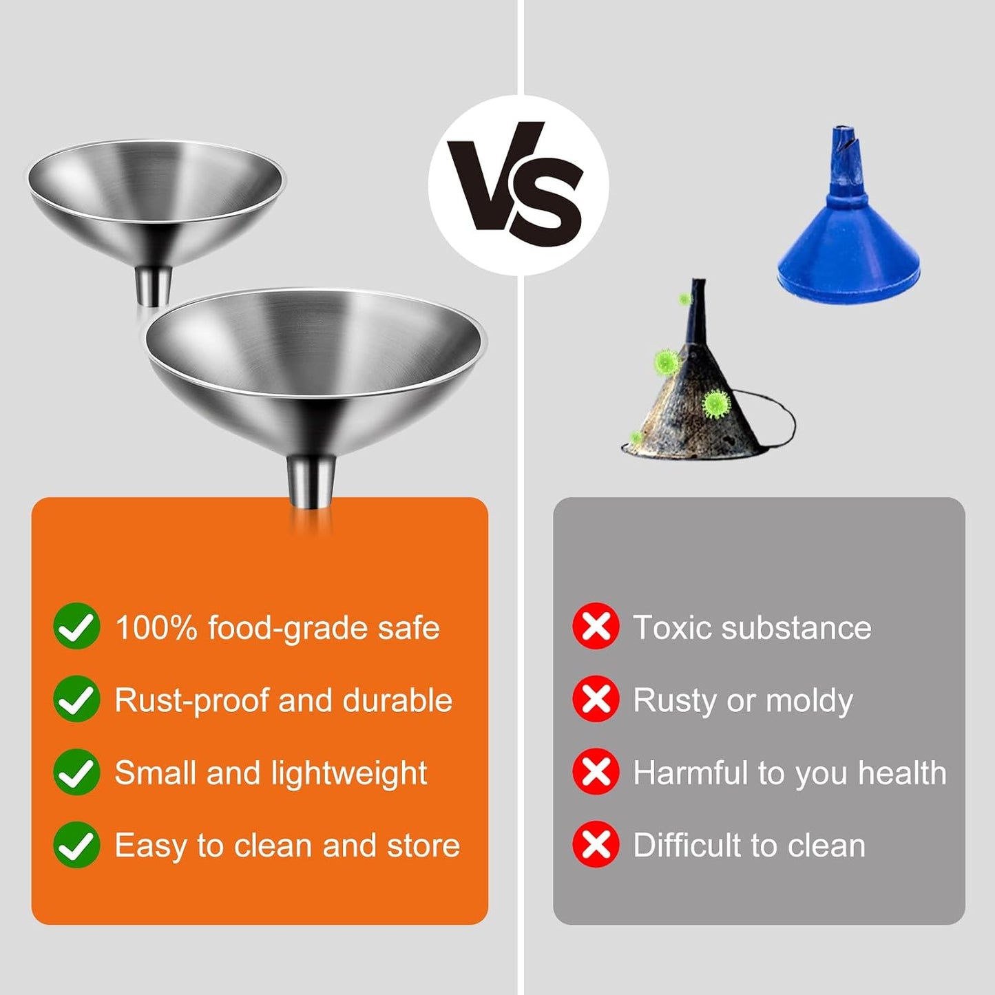 2-Piece Stainless Steel Kitchen Funnel Set with 1-Inch and 0.5-Inch Ports for Transferring and Filling Liquids, Coffee Beans, Spice Blends, and Powders Easy to Clean!