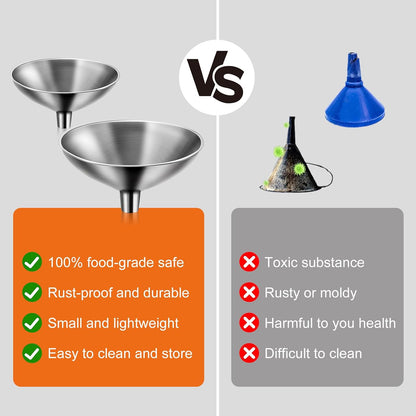 2-Piece Stainless Steel Kitchen Funnel Set with 1-Inch and 0.5-Inch Ports for Transferring and Filling Liquids, Coffee Beans, Spice Blends, and Powders Easy to Clean!