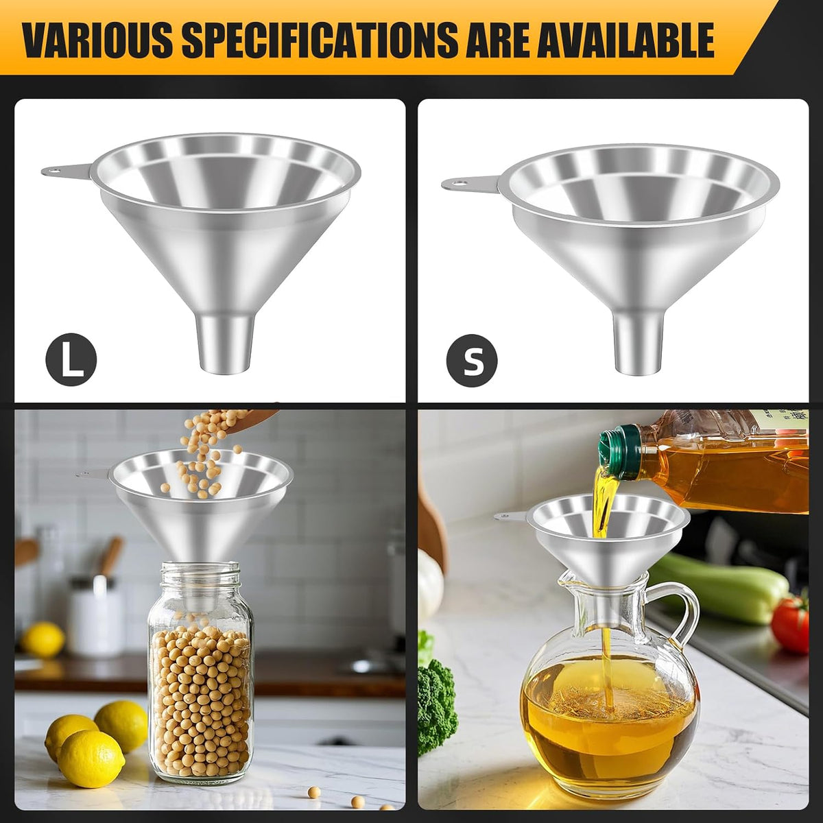 2-Piece Stainless Steel Kitchen Funnel Set with 1-Inch and 0.5-Inch Ports for Transferring and Filling Liquids, Coffee Beans, Spice Blends, and Powders Easy to Clean!