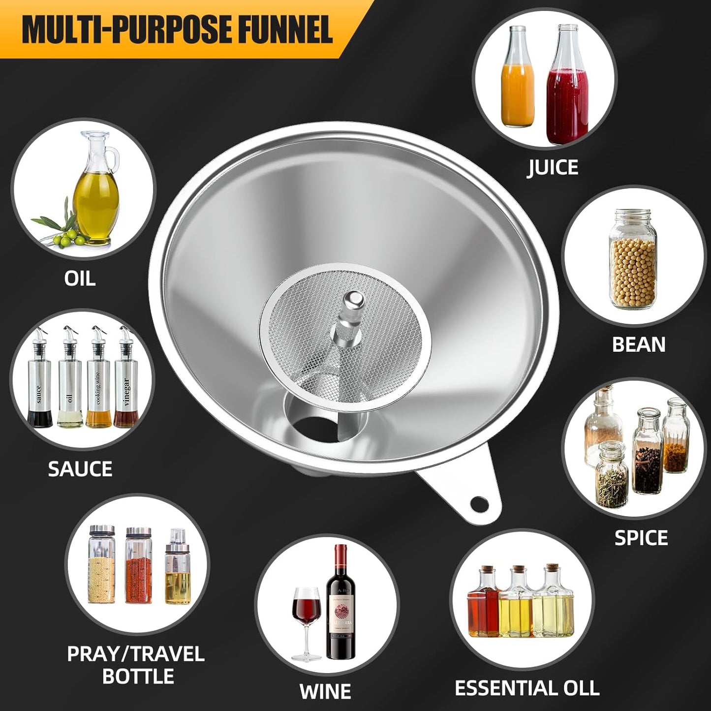 2-Piece Stainless Steel Kitchen Funnel Set with 1-Inch and 0.5-Inch Ports for Transferring and Filling Liquids, Coffee Beans, Spice Blends, and Powders Easy to Clean!