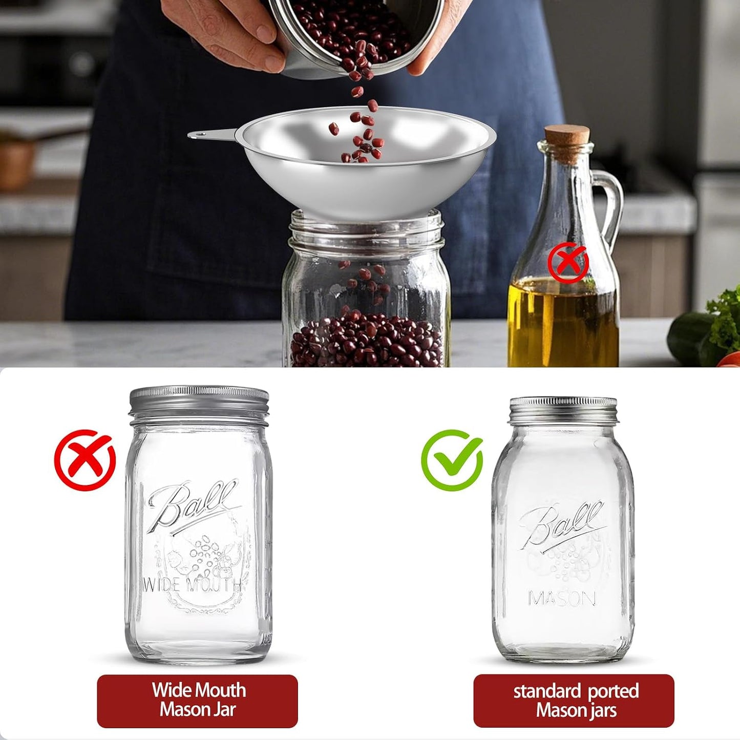2-Piece Stainless Steel Kitchen Funnel Set with 1-Inch and 0.5-Inch Ports for Transferring and Filling Liquids, Coffee Beans, Spice Blends, and Powders Easy to Clean!