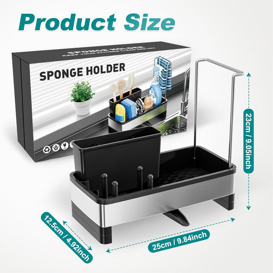 Ewaiira Stainless Steel Sink Caddy, Sponge Holder for Kitchen Sink with Brush Holder and Towel Rack, Sink Organizer for Countertop, Soap Dispenser Kitchen Organizers Storage Essentials (A-Black)