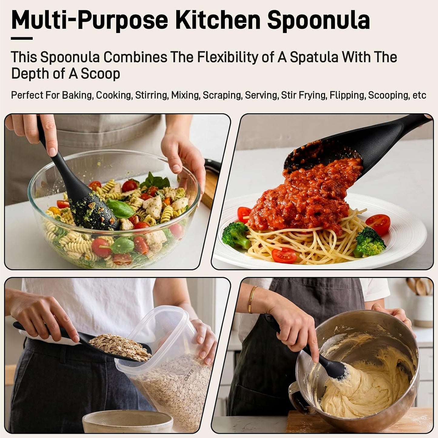 3 PACK Silicone Cooking Spatula & Spoon for Nonstick Cookware, BPA-Free | Multifunction Spoonula for Baking, Cooking, Serving, Mixing, Stirring, Scoop, Scrape - One-Piece Formed, Dishwasher Safe