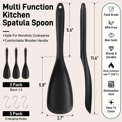 3 PACK Silicone Cooking Spatula & Spoon for Nonstick Cookware, BPA-Free | Multifunction Spoonula for Baking, Cooking, Serving, Mixing, Stirring, Scoop, Scrape - One-Piece Formed, Dishwasher Safe
