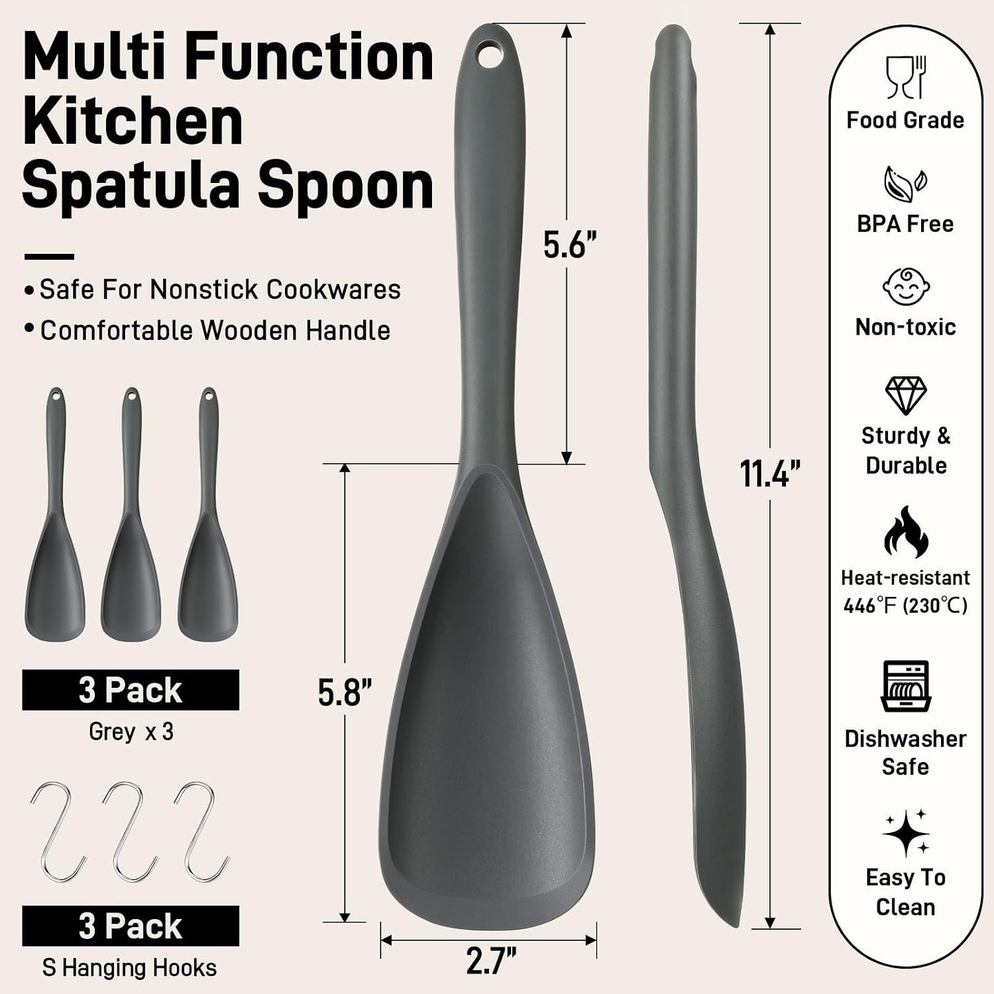 3 PACK Silicone Cooking Spatula & Spoon for Nonstick Cookware, BPA-Free | Multifunction Spoonula for Baking, Cooking, Serving, Mixing, Stirring, Scoop, Scrape - One-Piece Formed, Dishwasher Safe