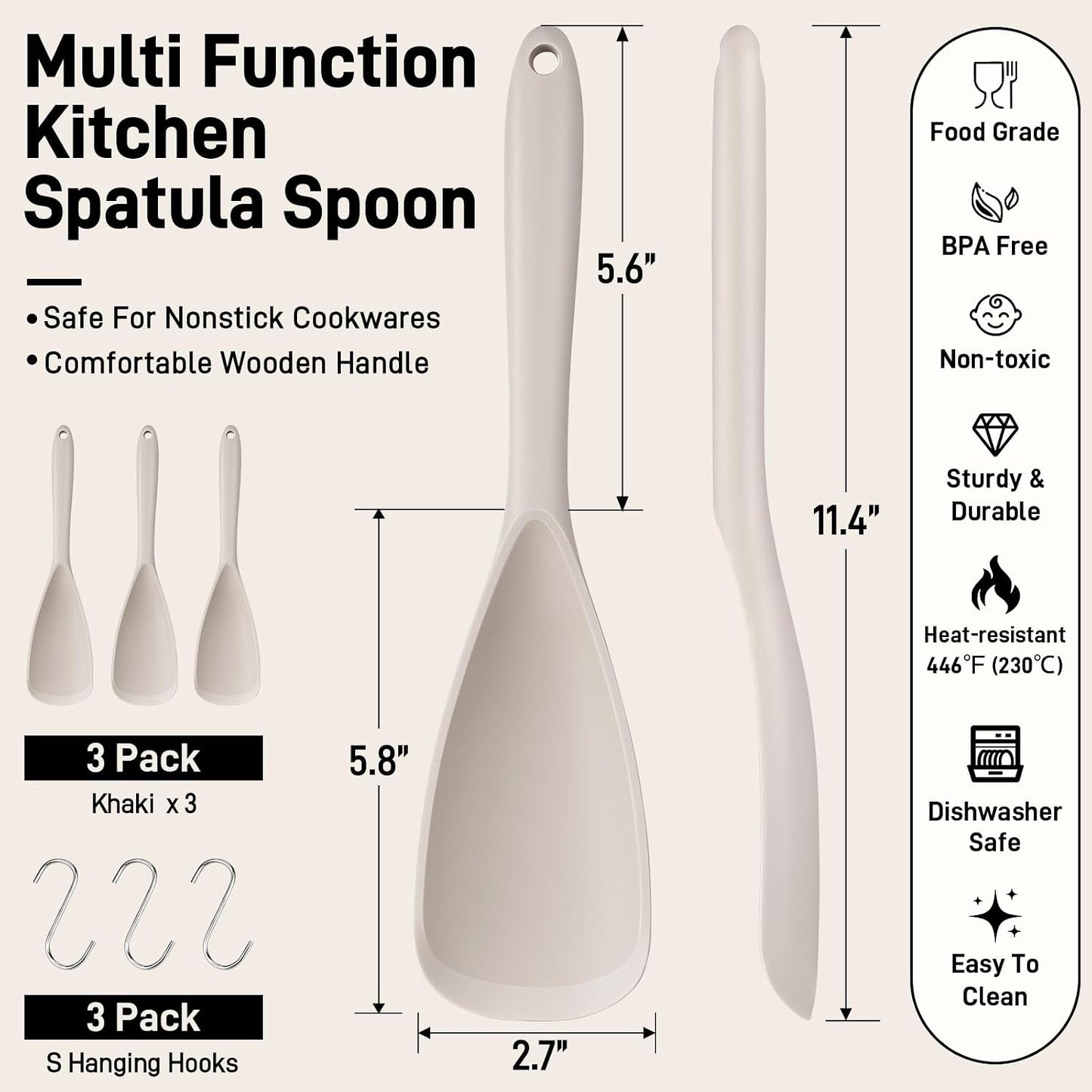 3 PACK Silicone Cooking Spatula & Spoon for Nonstick Cookware, BPA-Free | Multifunction Spoonula for Baking, Cooking, Serving, Mixing, Stirring, Scoop, Scrape - One-Piece Formed, Dishwasher Safe