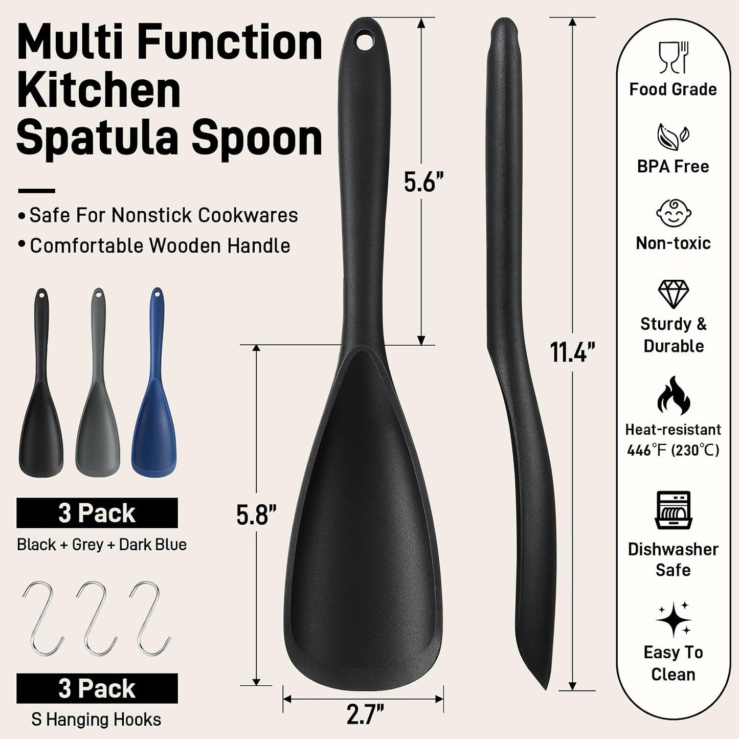 3 PACK Silicone Cooking Spatula & Spoon for Nonstick Cookware, BPA-Free | Multifunction Spoonula for Baking, Cooking, Serving, Mixing, Stirring, Scoop, Scrape - One-Piece Formed, Dishwasher Safe