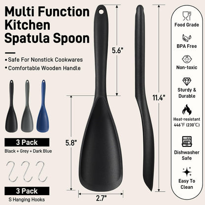 3 PACK Silicone Cooking Spatula & Spoon for Nonstick Cookware, BPA-Free | Multifunction Spoonula for Baking, Cooking, Serving, Mixing, Stirring, Scoop, Scrape - One-Piece Formed, Dishwasher Safe