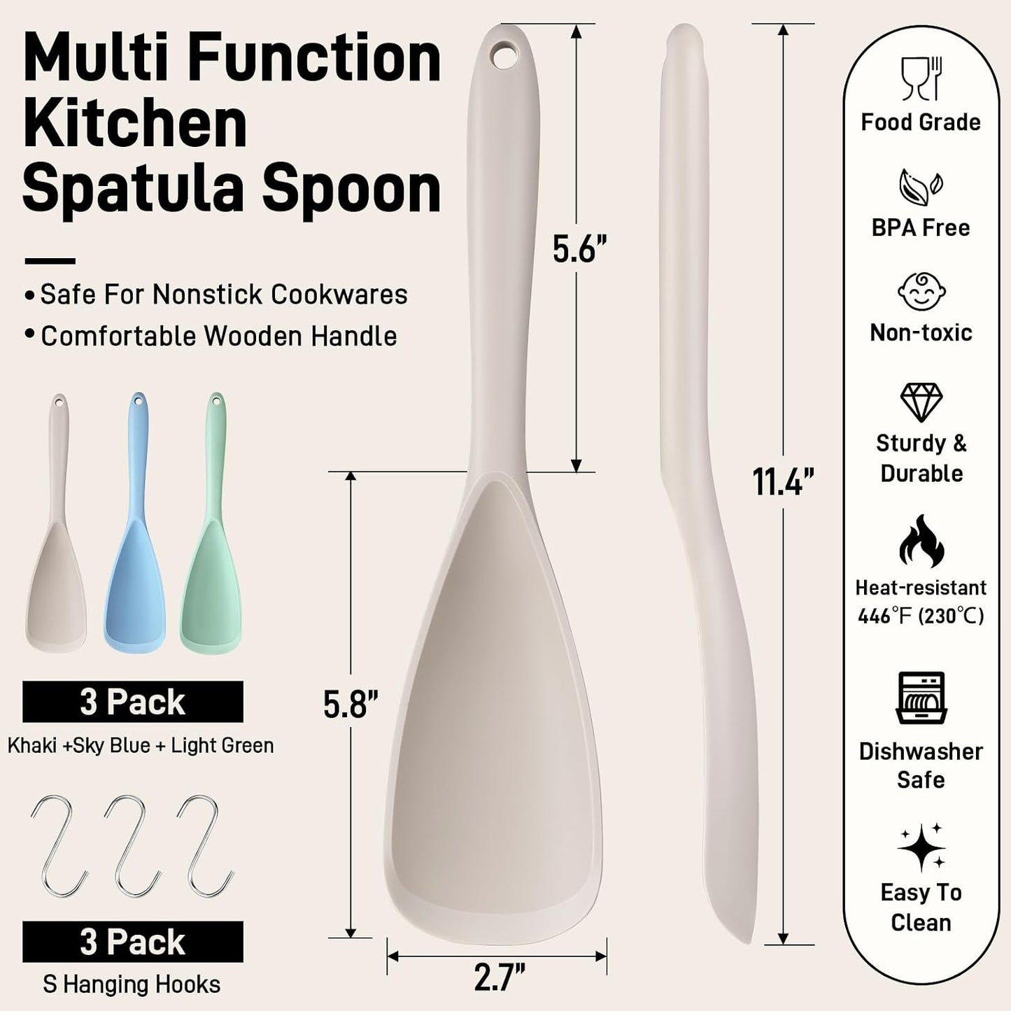 3 PACK Silicone Cooking Spatula & Spoon for Nonstick Cookware, BPA-Free | Multifunction Spoonula for Baking, Cooking, Serving, Mixing, Stirring, Scoop, Scrape - One-Piece Formed, Dishwasher Safe