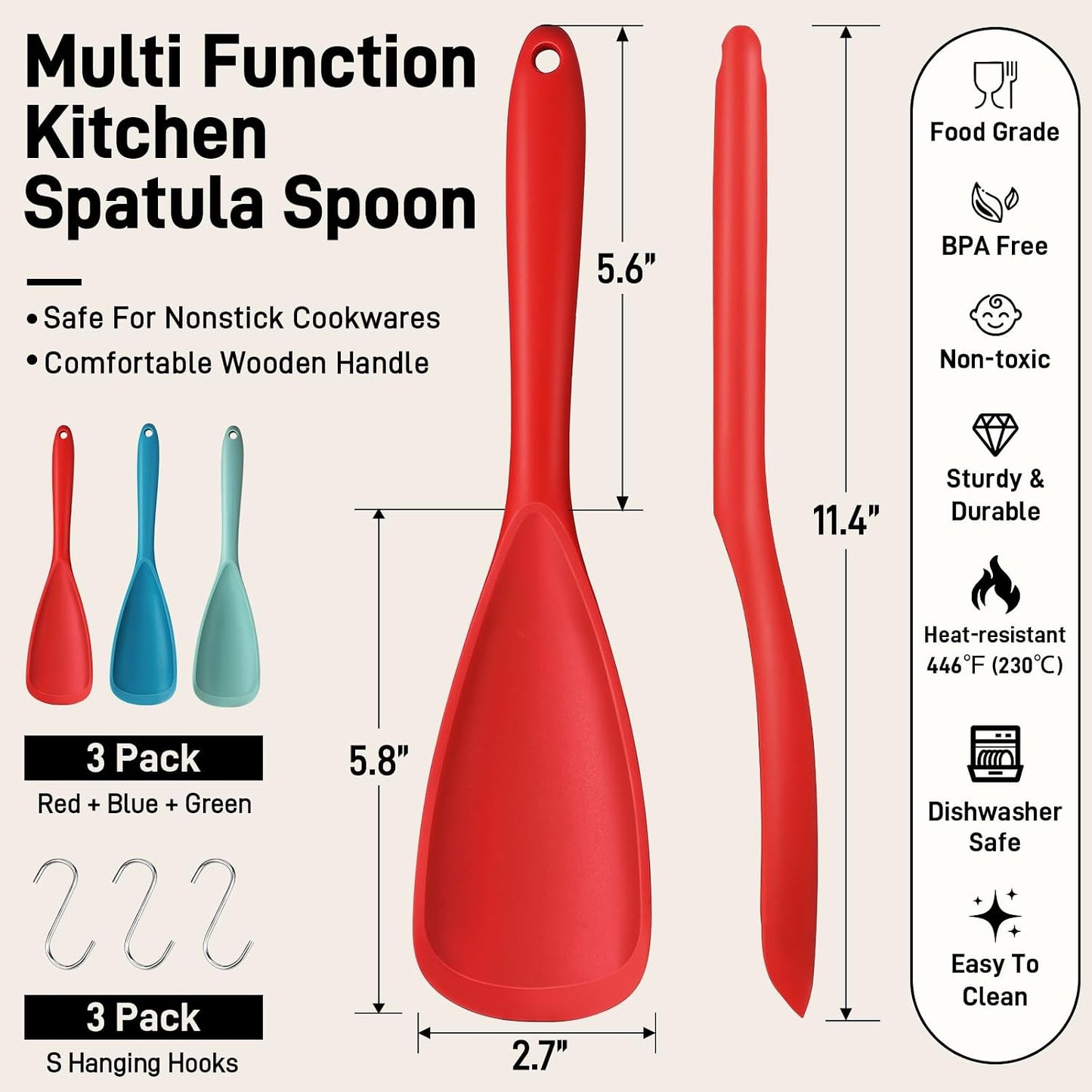 3 PACK Silicone Cooking Spatula & Spoon for Nonstick Cookware, BPA-Free | Multifunction Spoonula for Baking, Cooking, Serving, Mixing, Stirring, Scoop, Scrape - One-Piece Formed, Dishwasher Safe