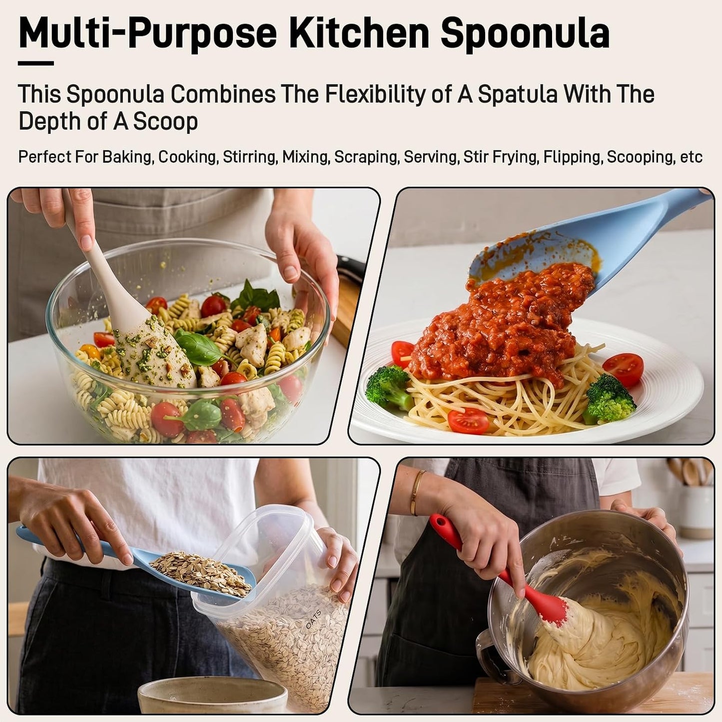 3 PACK Silicone Cooking Spatula & Spoon for Nonstick Cookware, BPA-Free | Multifunction Spoonula for Baking, Cooking, Serving, Mixing, Stirring, Scoop, Scrape - One-Piece Formed, Dishwasher Safe