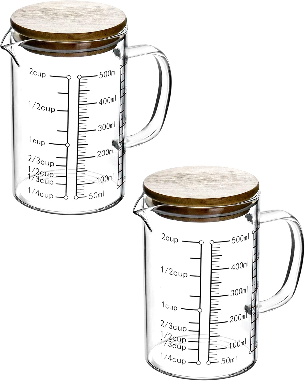 Glass Measuring Cup, 500ML (18 Oz, 2 Cup), High Borosilicate Glass Scale Cup with Handle and Durable Bamboo Lid, for Kitchen or Restaurant