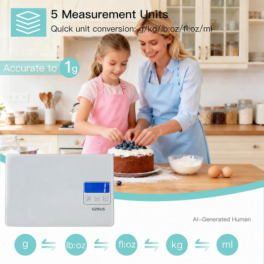 Food Scale with USB Rechargeable, Digital Kitchen Scale with 6 Units, High Precision to 0.04 oz /11lbs Capacity, Weight Range from 3g-5000g
