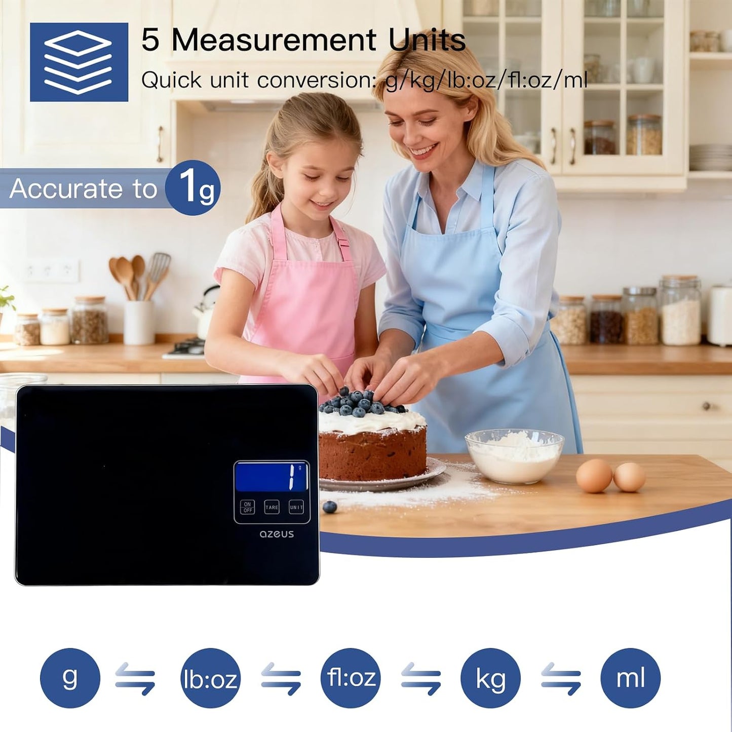 Food Scale with USB Rechargeable, Digital Kitchen Scale with 6 Units, High Precision to 0.04 oz /11lbs Capacity, Weight Range from 3g-5000g