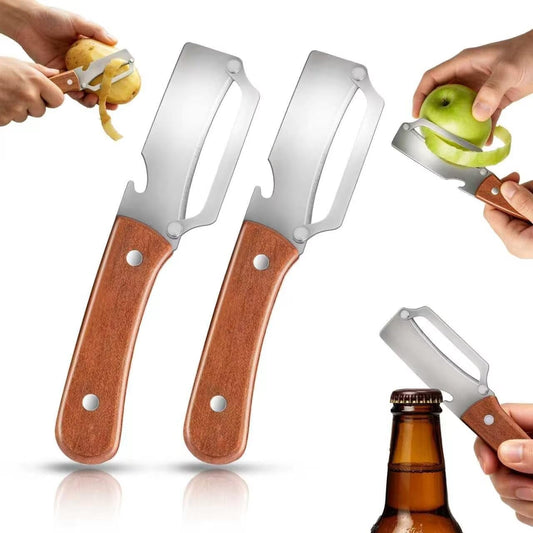 Multifunctional Vegetable Potato Peeler for Kitchen，Wooden-Handled Stainless Steel Sharp Peeler Knife with Built-In Bottle Opener for Veggie, Fruit, Potato, Carrot, Apple Ergo 2PCS