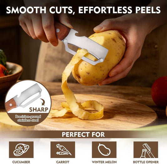 Multifunctional Vegetable Potato Peeler for Kitchen，Wooden-Handled Stainless Steel Sharp Peeler Knife with Built-In Bottle Opener for Veggie, Fruit, Potato, Carrot, Apple Ergo 2PCS
