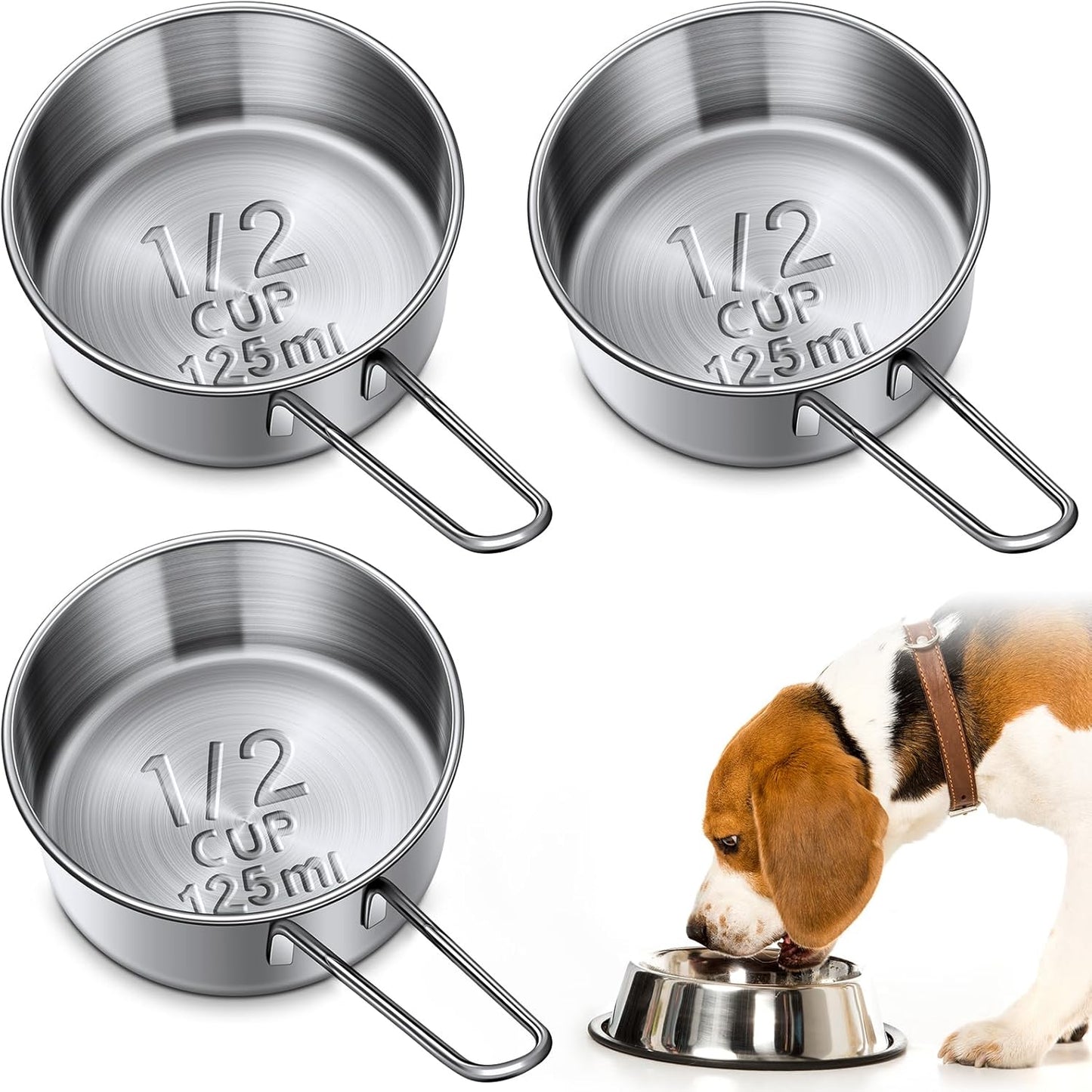 3 Pack 1/2 Measuring Cups 1/2 Dog Cat Food Stainless Steel Scoop Cup with Handle Portion Control for Wet and Dry Ingredients for Dog Cat Bird