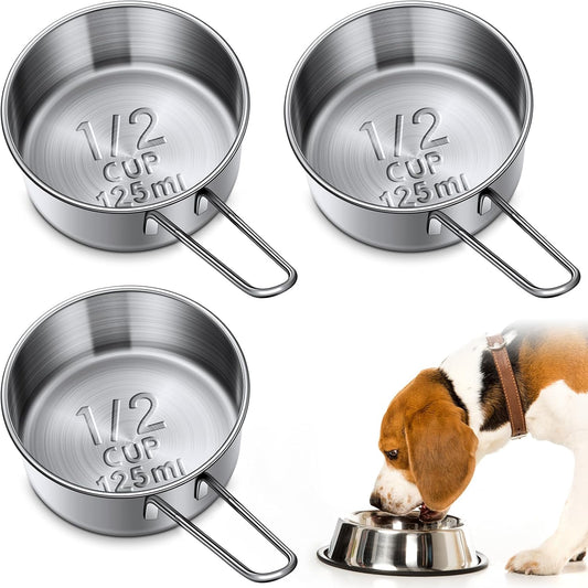 3 Pack 1/2 Measuring Cups 1/2 Dog Cat Food Stainless Steel Scoop Cup with Handle Portion Control for Wet and Dry Ingredients for Dog Cat Bird