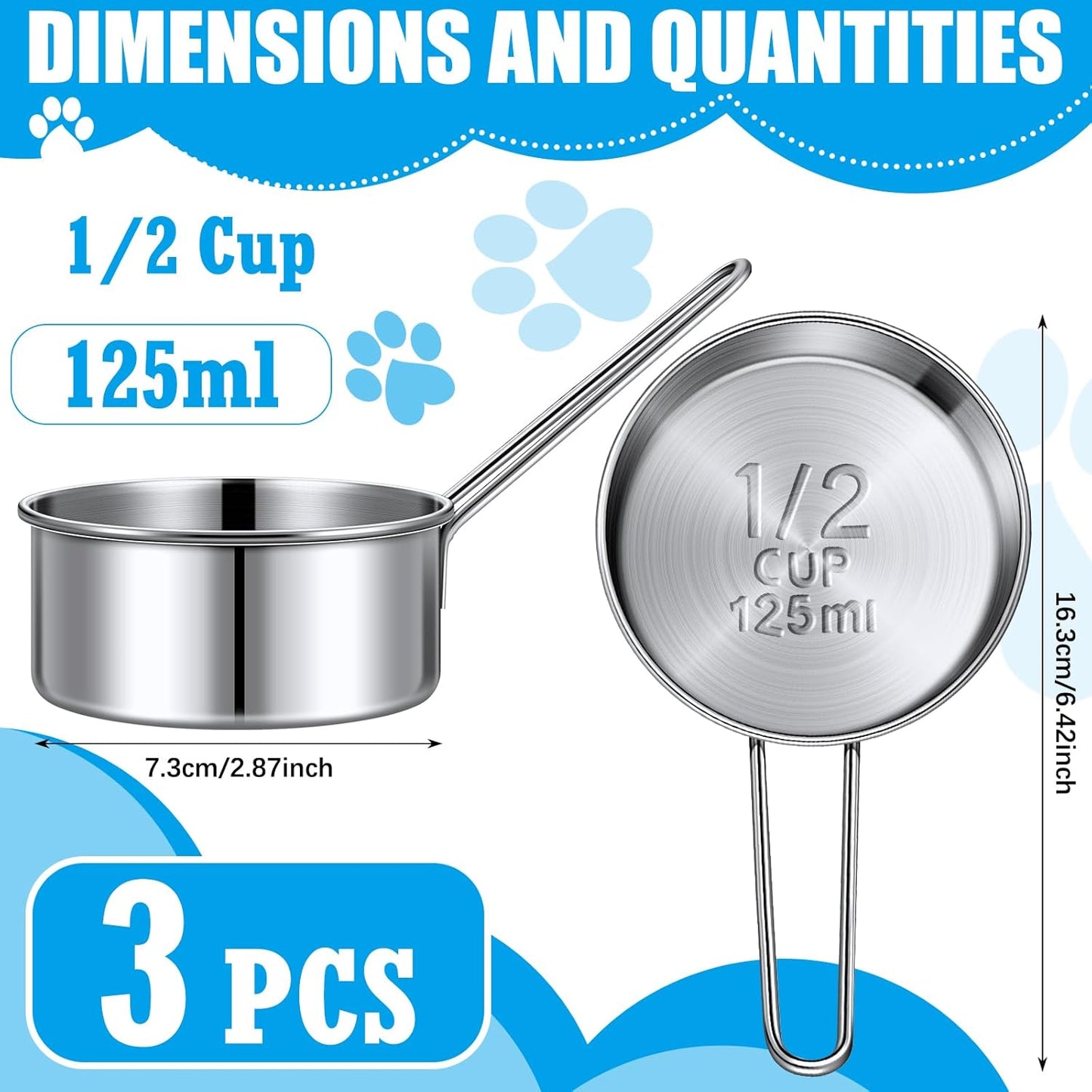 3 Pack 1/2 Measuring Cups 1/2 Dog Cat Food Stainless Steel Scoop Cup with Handle Portion Control for Wet and Dry Ingredients for Dog Cat Bird
