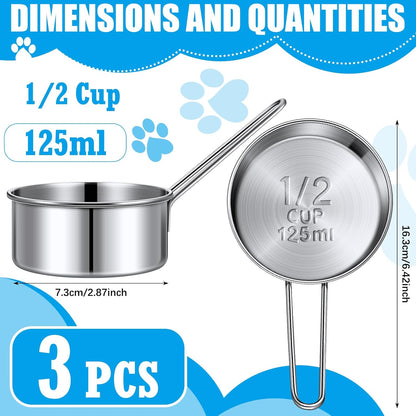 3 Pack 1/2 Measuring Cups 1/2 Dog Cat Food Stainless Steel Scoop Cup with Handle Portion Control for Wet and Dry Ingredients for Dog Cat Bird