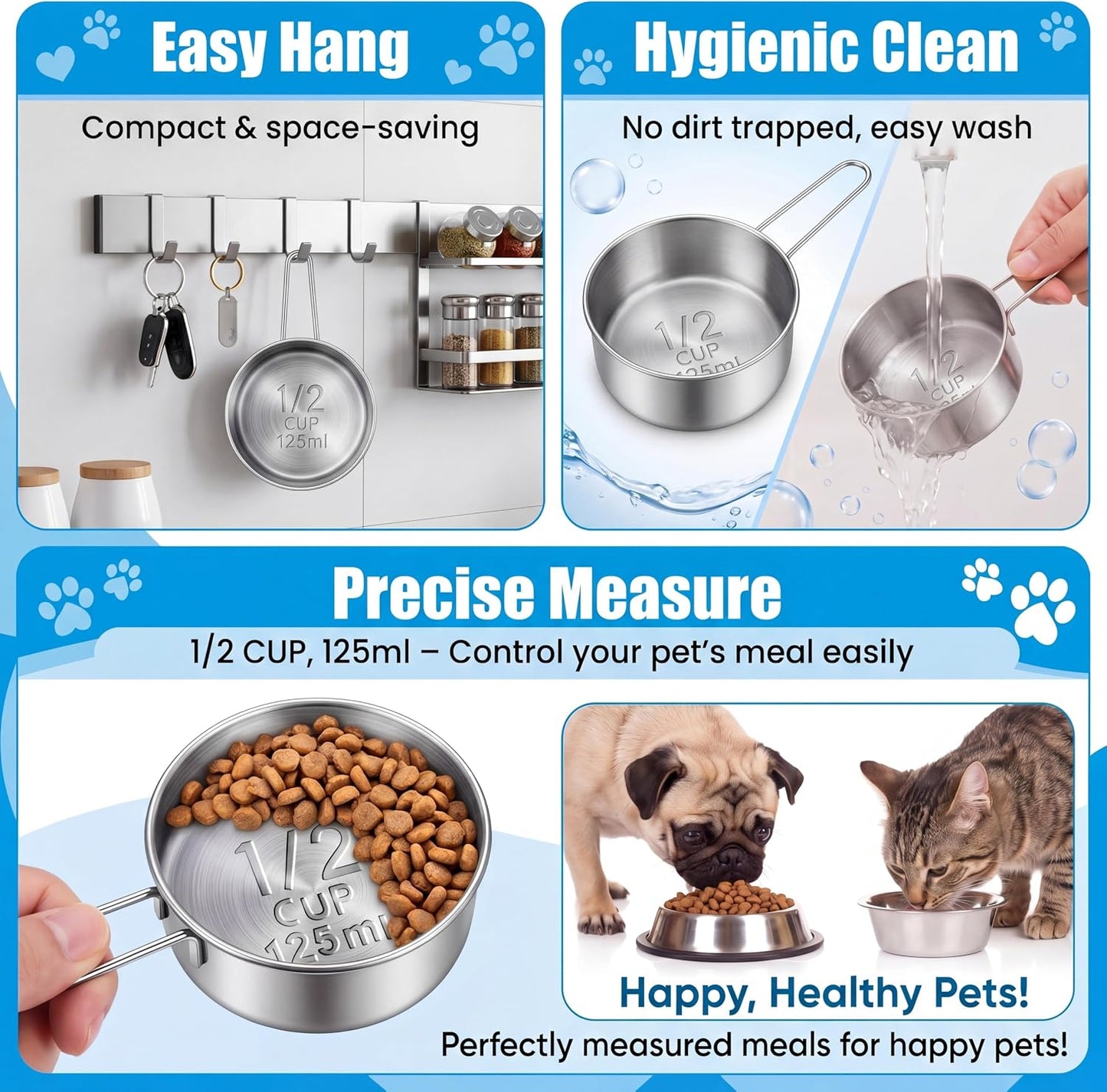 3 Pack 1/2 Measuring Cups 1/2 Dog Cat Food Stainless Steel Scoop Cup with Handle Portion Control for Wet and Dry Ingredients for Dog Cat Bird
