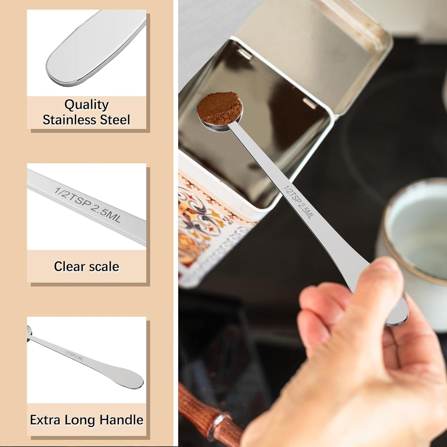 2PCS 1Teaspoon(1tsp, 1/3tbsp, 5ml) Extra-long Handle Measuring Spoon | 18/8(304) Stainless Steel, Food-Grade, High Precision, Durable, ‌Rust-Free, Dishwasher-Safe, Easy-Read Marking