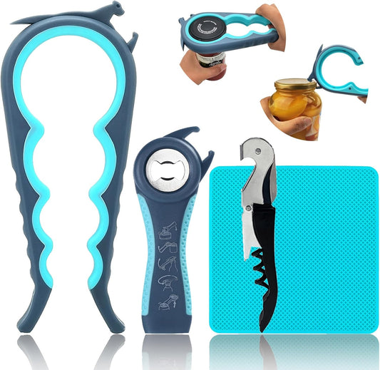 Jar Openers for Weak Hands, 5 in 1 Bottle Opener for Seniors with Arthritis - Multifunctional Lid Remover Set, Includes Non-slip Rubber Jar Gripper Pad, Wine Opener (Blue and Grey)