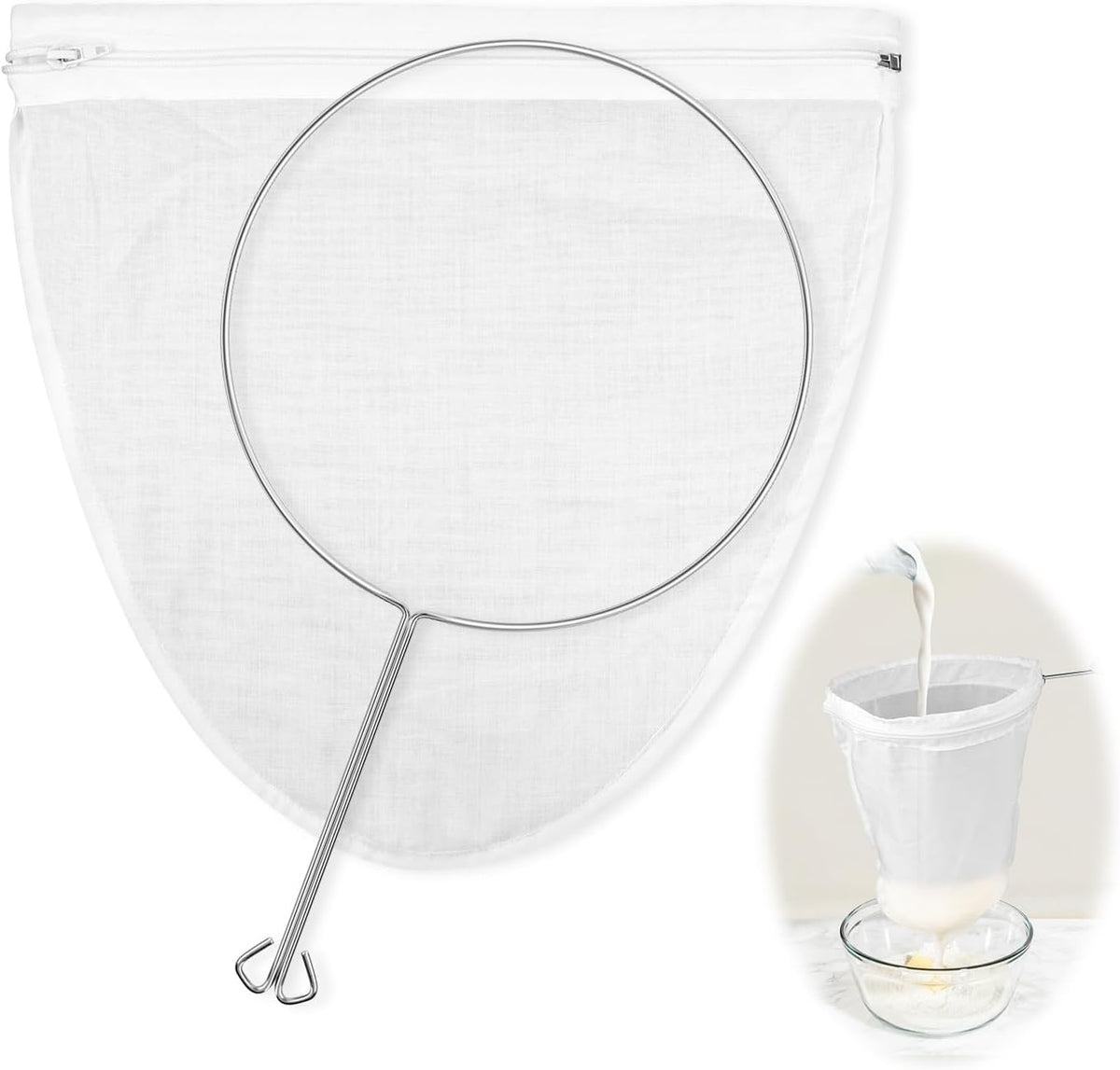 1 Pack Ultra Fine Mesh Strainer Bags, Reusable with Stainless Steel Handle, Filter for Nut Milk, Coffee, Juice, Cheese, Honey, and More (Large)
