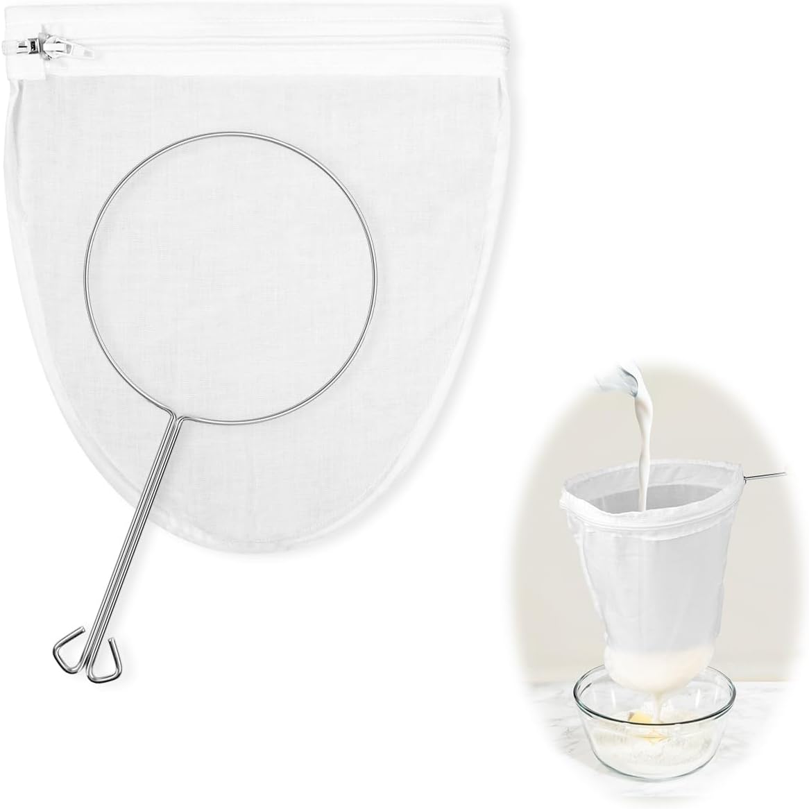 1 Pack Ultra Fine Mesh Strainer Bags, Reusable with Stainless Steel Handle, Filter for Nut Milk, Coffee, Juice, Cheese, Honey, and More (Large)