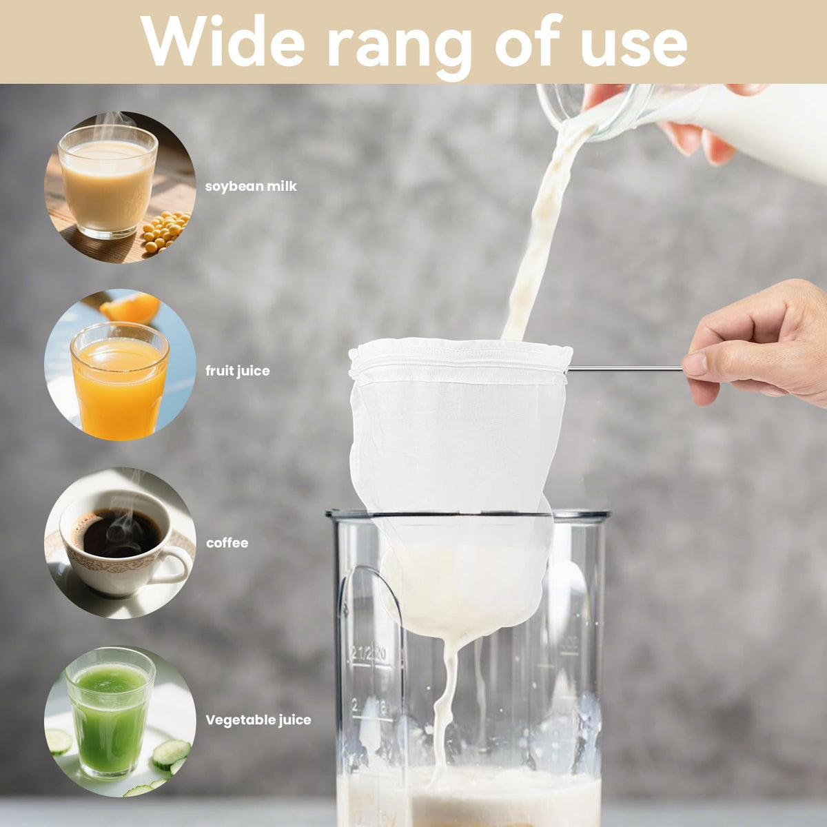 1 Pack Ultra Fine Mesh Strainer Bags, Reusable with Stainless Steel Handle, Filter for Nut Milk, Coffee, Juice, Cheese, Honey, and More (Large)
