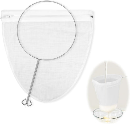 1 Pack Ultra Fine Mesh Strainer Bags, Reusable with Stainless Steel Handle, Filter for Nut Milk, Coffee, Juice, Cheese, Honey, and More (Large)
