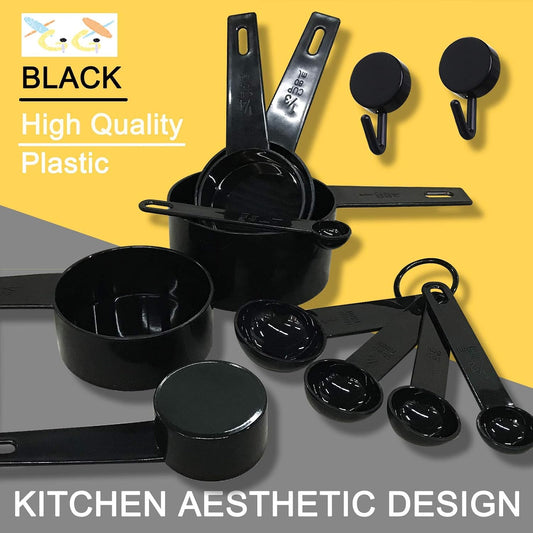 BLACK Measuring Cups and Measuring Spoons Set of 10pcs, Minimalist modern Cups, Included 2 pcs Kitchen Tool Hook Up. (BLACK)