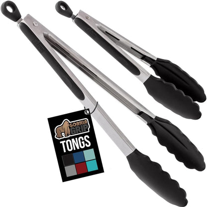 Stainless Steel BPA-Free Kitchen Tongs for Cooking, Heat Resistant BBQ Tong Set of 2, Non Scratch Silicone Tip for Pan, Strong Grip, Grab Food, Toss Salad, Pull Lock, 7+9 Inch, Black