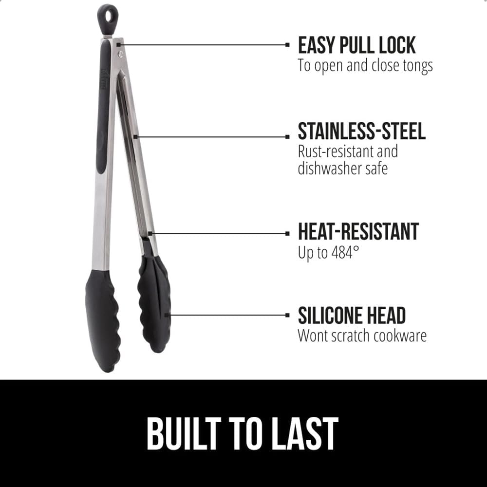 Stainless Steel BPA-Free Kitchen Tongs for Cooking, Heat Resistant BBQ Tong Set of 2, Non Scratch Silicone Tip for Pan, Strong Grip, Grab Food, Toss Salad, Pull Lock, 7+9 Inch, Black
