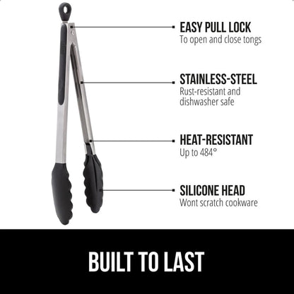 Stainless Steel BPA-Free Kitchen Tongs for Cooking, Heat Resistant BBQ Tong Set of 2, Non Scratch Silicone Tip for Pan, Strong Grip, Grab Food, Toss Salad, Pull Lock, 7+9 Inch, Black