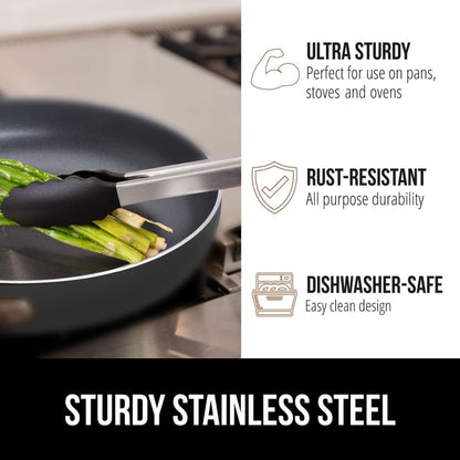 Stainless Steel BPA-Free Kitchen Tongs for Cooking, Heat Resistant BBQ Tong Set of 2, Non Scratch Silicone Tip for Pan, Strong Grip, Grab Food, Toss Salad, Pull Lock, 7+9 Inch, Black