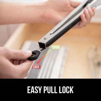 Stainless Steel BPA-Free Kitchen Tongs for Cooking, Heat Resistant BBQ Tong Set of 2, Non Scratch Silicone Tip for Pan, Strong Grip, Grab Food, Toss Salad, Pull Lock, 7+9 Inch, Black
