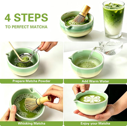 Matcha Whisk Set, Japanese Tea Set Includes Matcha Bowl with Spout, Bamboo Whisk, Ceramic Chasen Holder, Scoop, Sifter, 5 pcs Traditional Tea Making Kit for Matcha Lovers Women Men