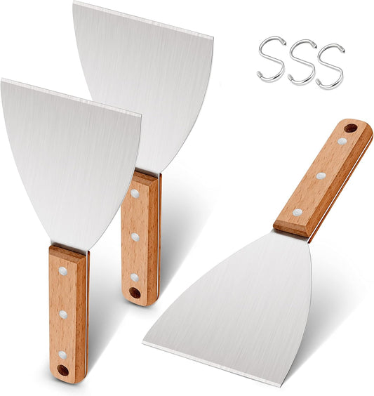 Metal Griddle Spatula Scraper Tool For Barbecue Food, 3 Pack | Stainless Steel Griddle Scraper For Flat Top Grill, Heavy Duty Grill Scraper Diner Flat Straight Blade With Wooden Handle