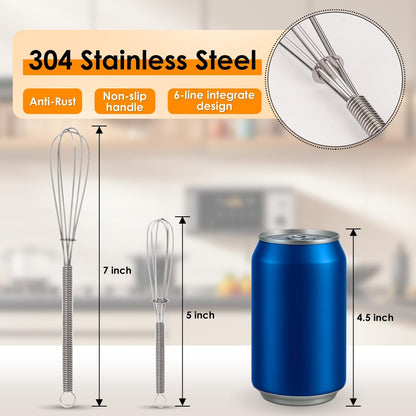 5 & 7 Inch Mini Whisks Anti-Rust 304 Stainless Steel Small Whisk for Cooking, Baking, Mixing Ingredients & Deep Containers