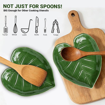 Cute Leaf Ceramic Spoon Rest for Stove Top and Kitchen Counter | Keeps Counters Clean • Green Kitchen Decor • Leaf Design • Kitchen Decor Gift