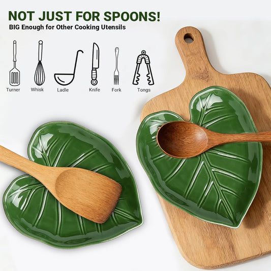 Cute Leaf Ceramic Spoon Rest for Stove Top and Kitchen Counter | Keeps Counters Clean • Green Kitchen Decor • Leaf Design • Kitchen Decor Gift
