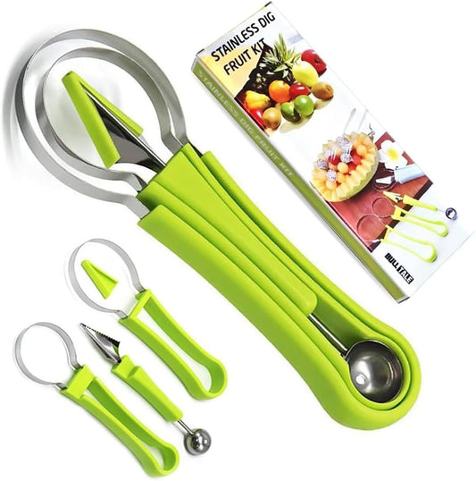 4 In 1 Stainless Steel Fruit Carving Tools Set, Melon Baller Scoop Set,watermelon scooper fruit scooper and baller, fruit carving tools,Perfect Tools for Making Fruit Shapes (Green)